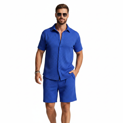 Men's Summer Two Piece Set with Textured Short Sleeve Shirt