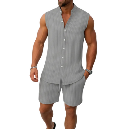 Men's Summer Two Piece Outfit with Sleeveless Button Down Shirt