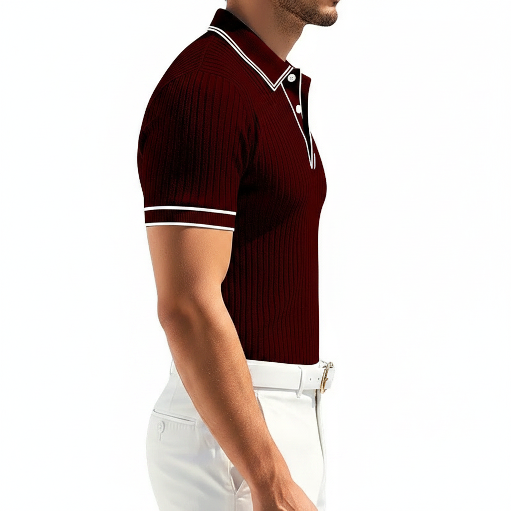 Men's Ribbed Polo Shirt with Short Sleeves for Summer Wear