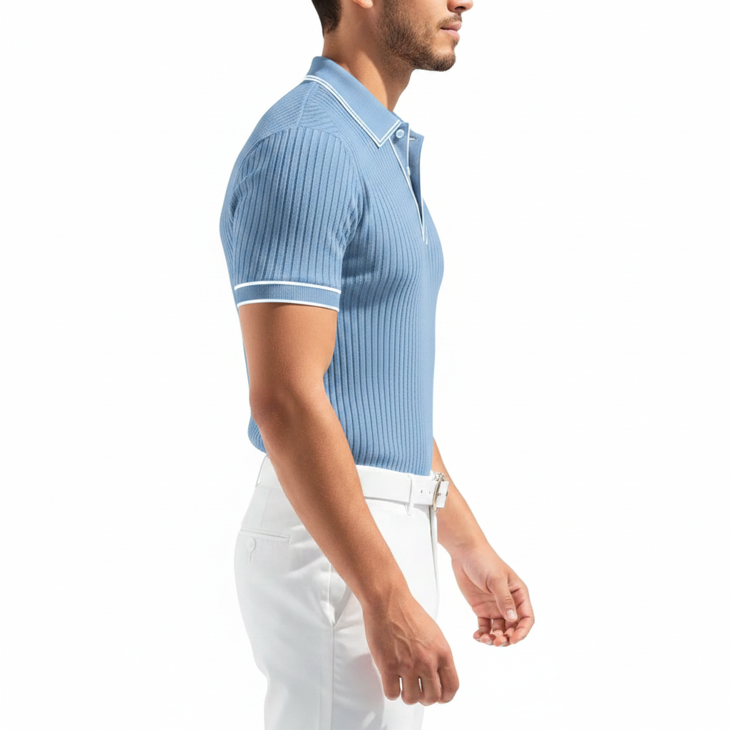Men's Ribbed Polo Shirt with Short Sleeves for Summer Wear