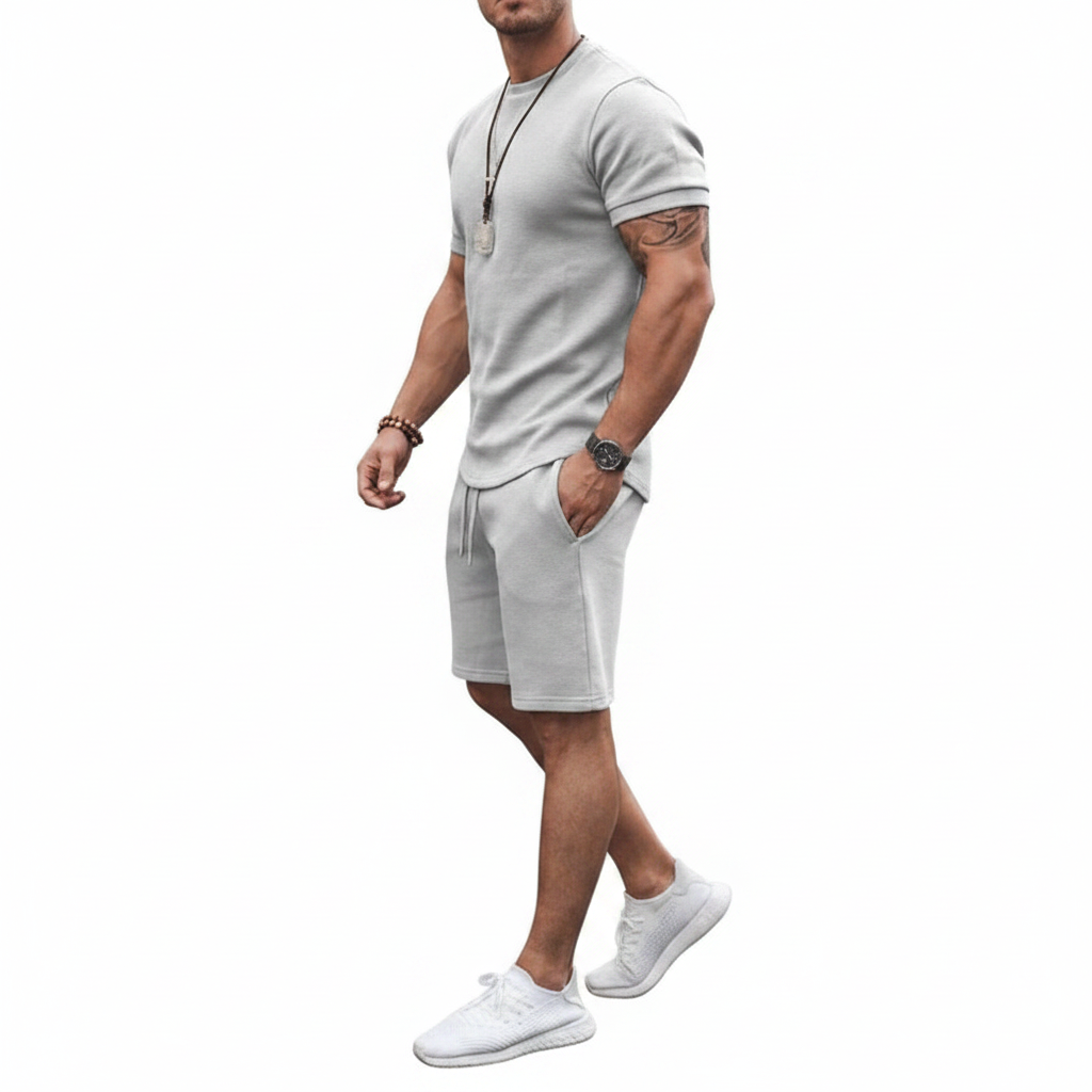 Men's Textured Short Sleeve T-Shirt with Drawstring Shorts Set