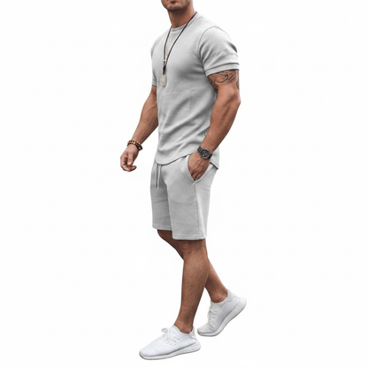 Men's Textured Short Sleeve T-Shirt with Drawstring Shorts Set