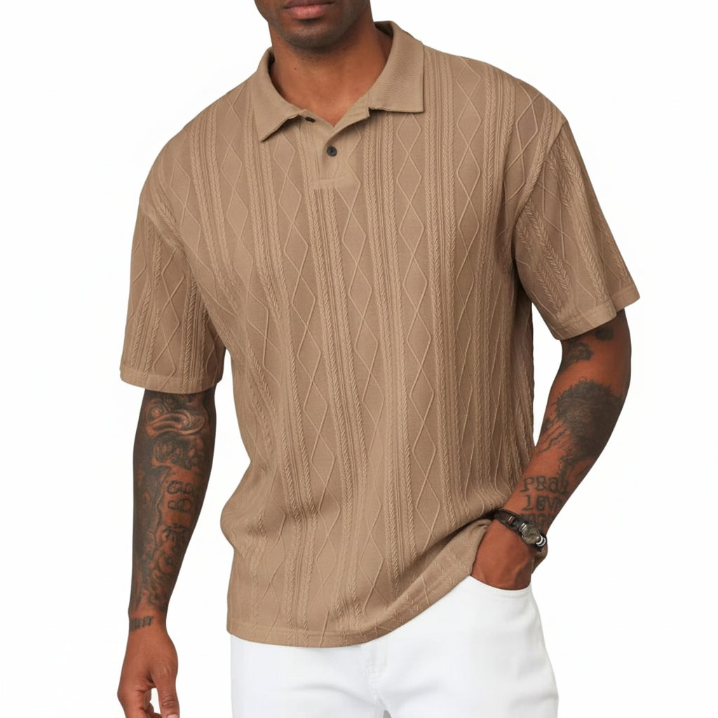 Men's Textured Short Sleeve Polo Shirt in Cotton Blend Fabric