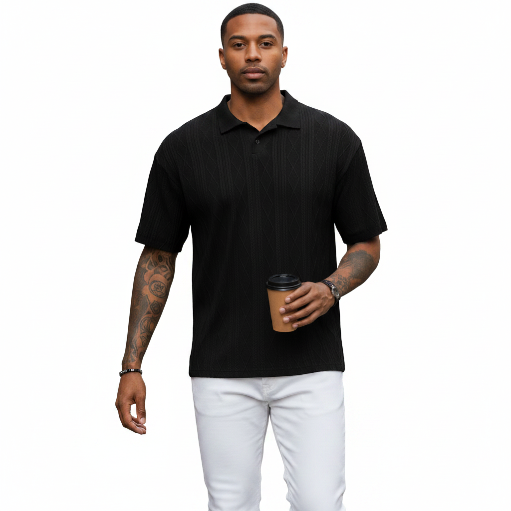 Men's Textured Short Sleeve Polo Shirt in Cotton Blend Fabric