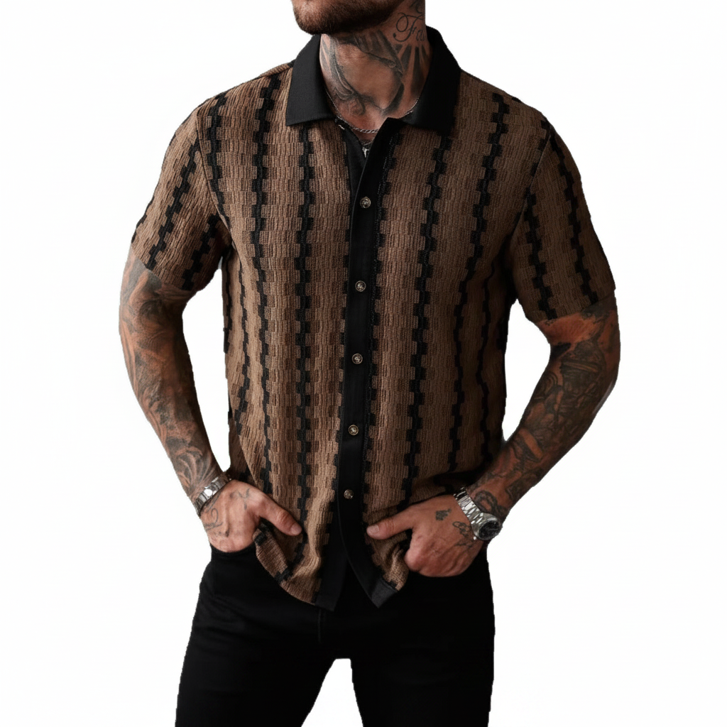 Men's Geometric Stripe Button Down Shirt with Textured Knit Design