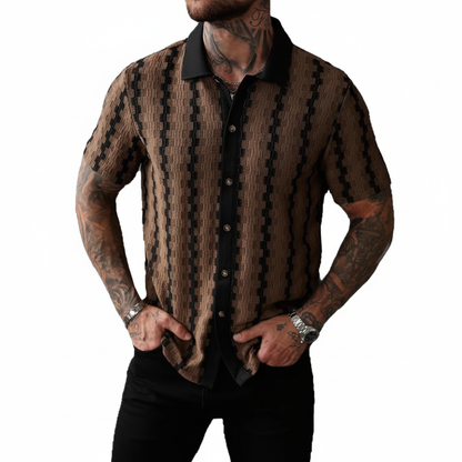 Men's Geometric Stripe Button Down Shirt with Textured Knit Design