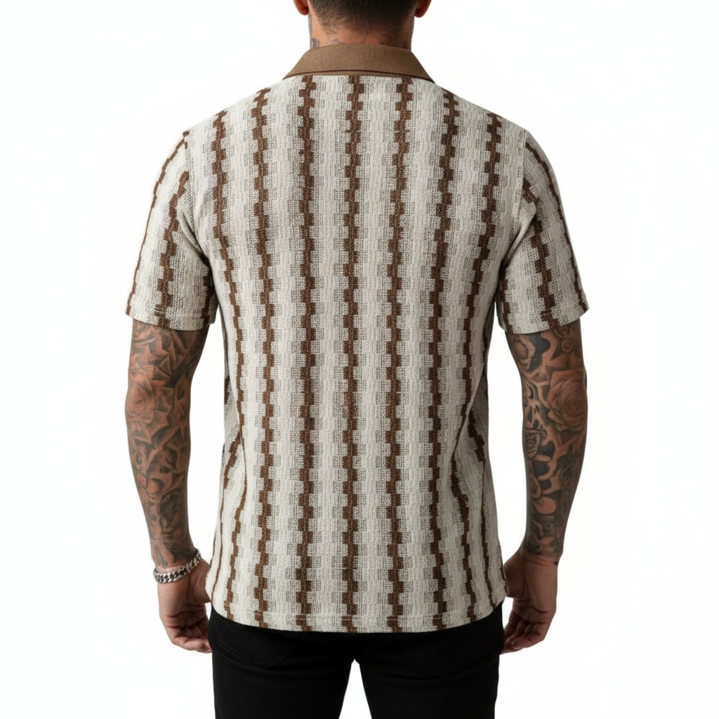 Men's Geometric Stripe Button Down Shirt with Textured Knit Design