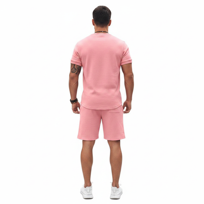 Men's Textured Short Sleeve T-Shirt with Drawstring Shorts Set