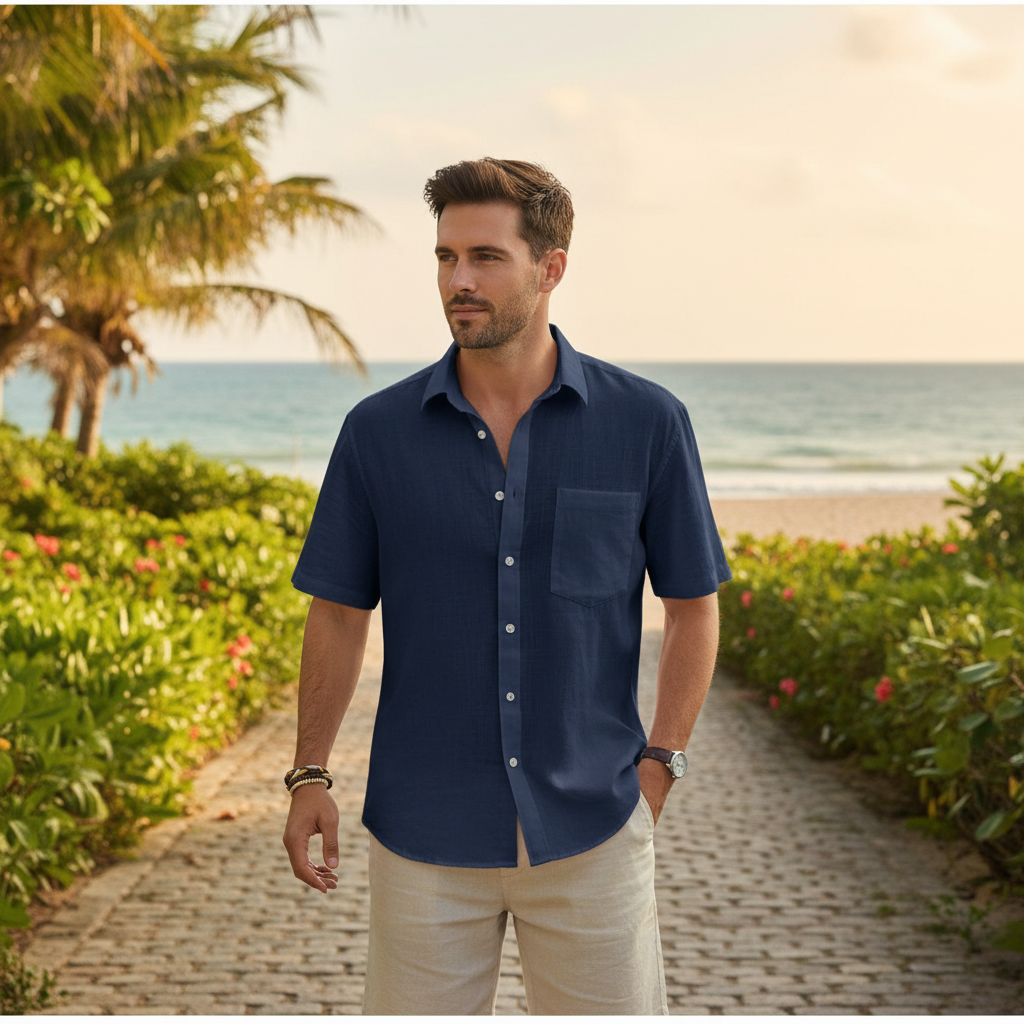 Men's Linen Short Sleeve Button Down Shirt with Chest Pocket