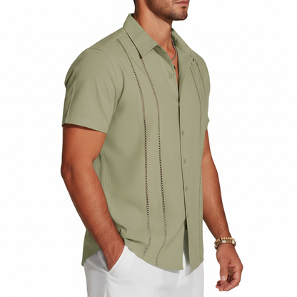 Men's Short Sleeve Button Down Shirt with Vertical Stripe Print