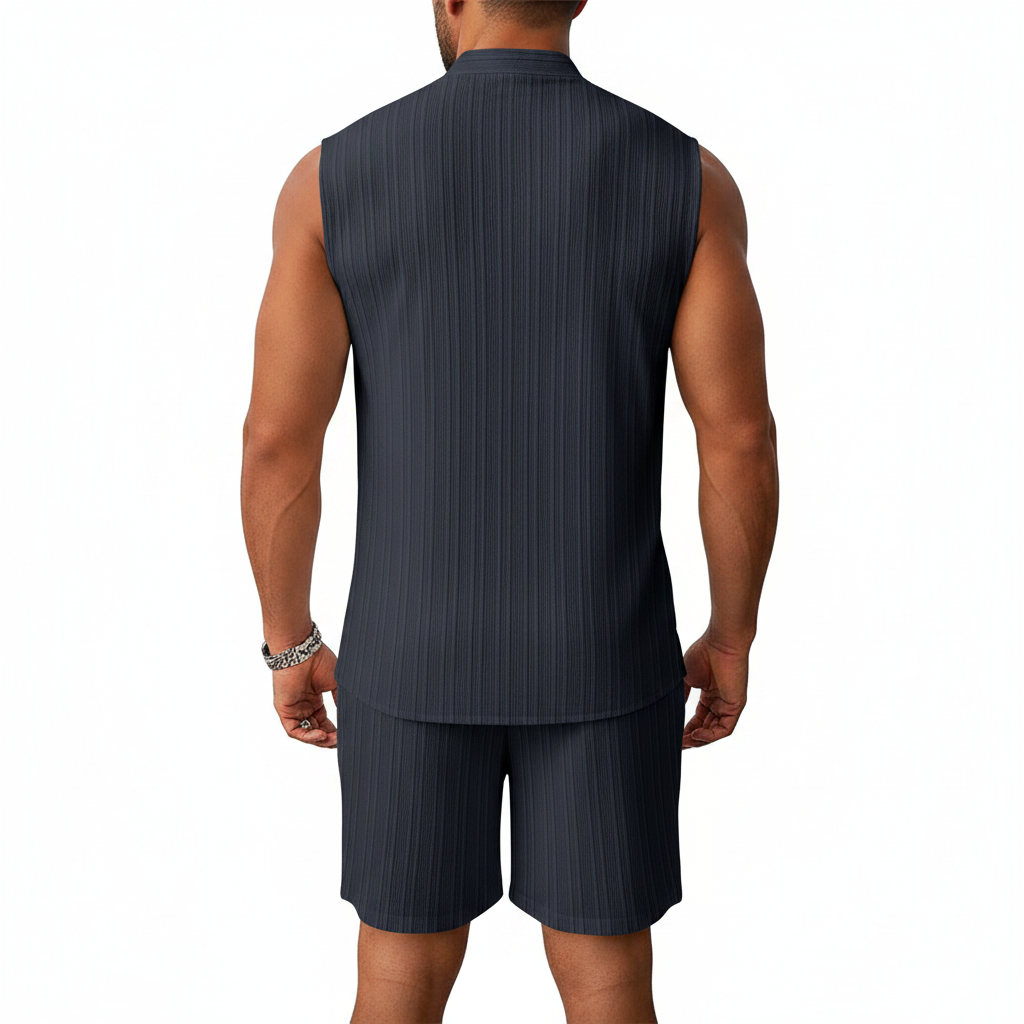 Men's Summer Two Piece Outfit with Sleeveless Button Down Shirt