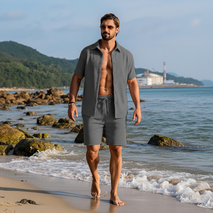 Men's Summer Two Piece Set with Textured Short Sleeve Shirt