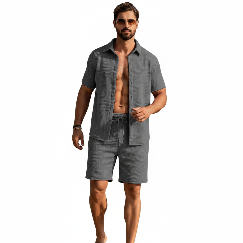 Men's Summer Two Piece Set with Textured Short Sleeve Shirt