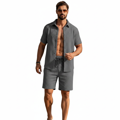 Men's Summer Two Piece Set with Textured Short Sleeve Shirt