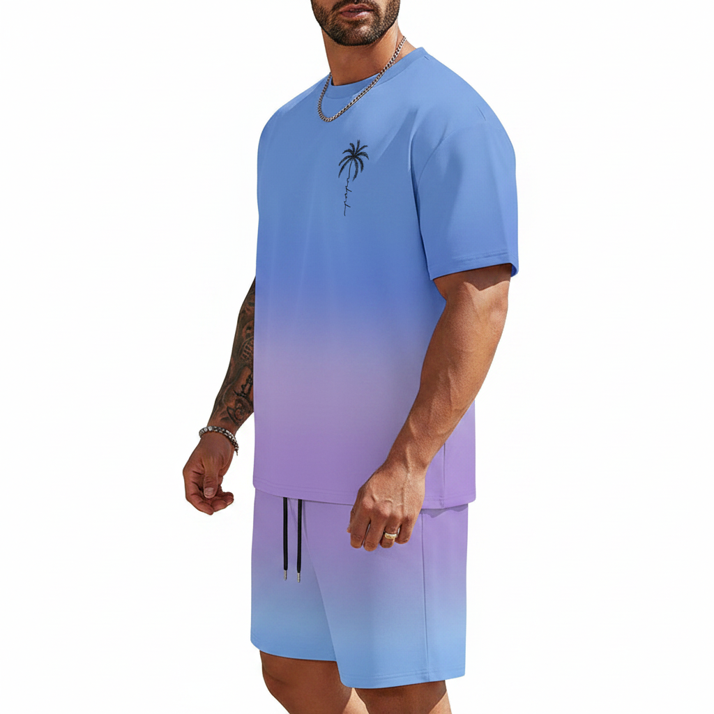 Men's Summer Two Piece Set with Short Sleeve Crew Neck T-Shirt