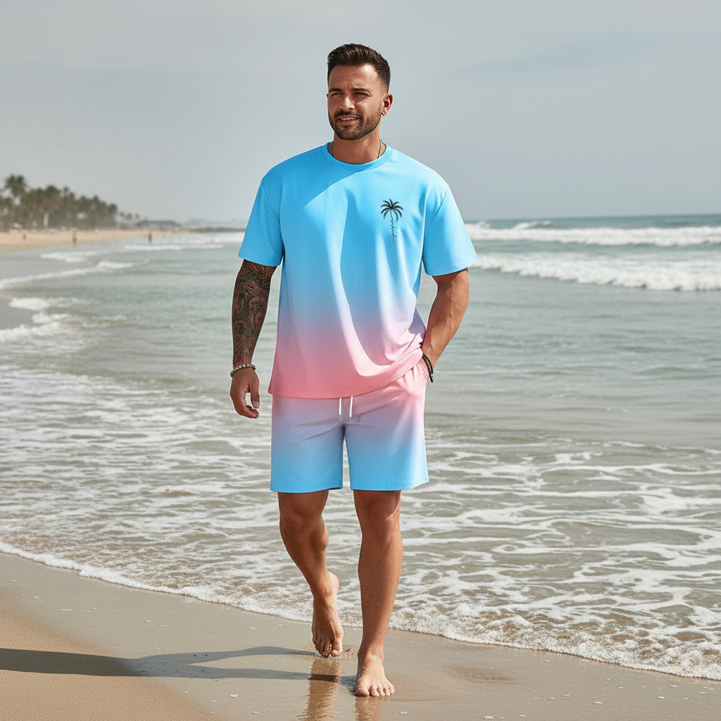 Men's Summer Two Piece Set with Short Sleeve Crew Neck T-Shirt