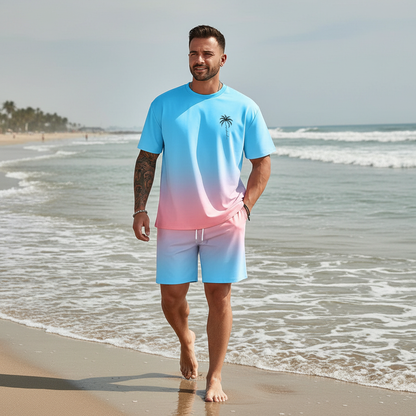 Men's Summer Two Piece Set with Short Sleeve Crew Neck T-Shirt