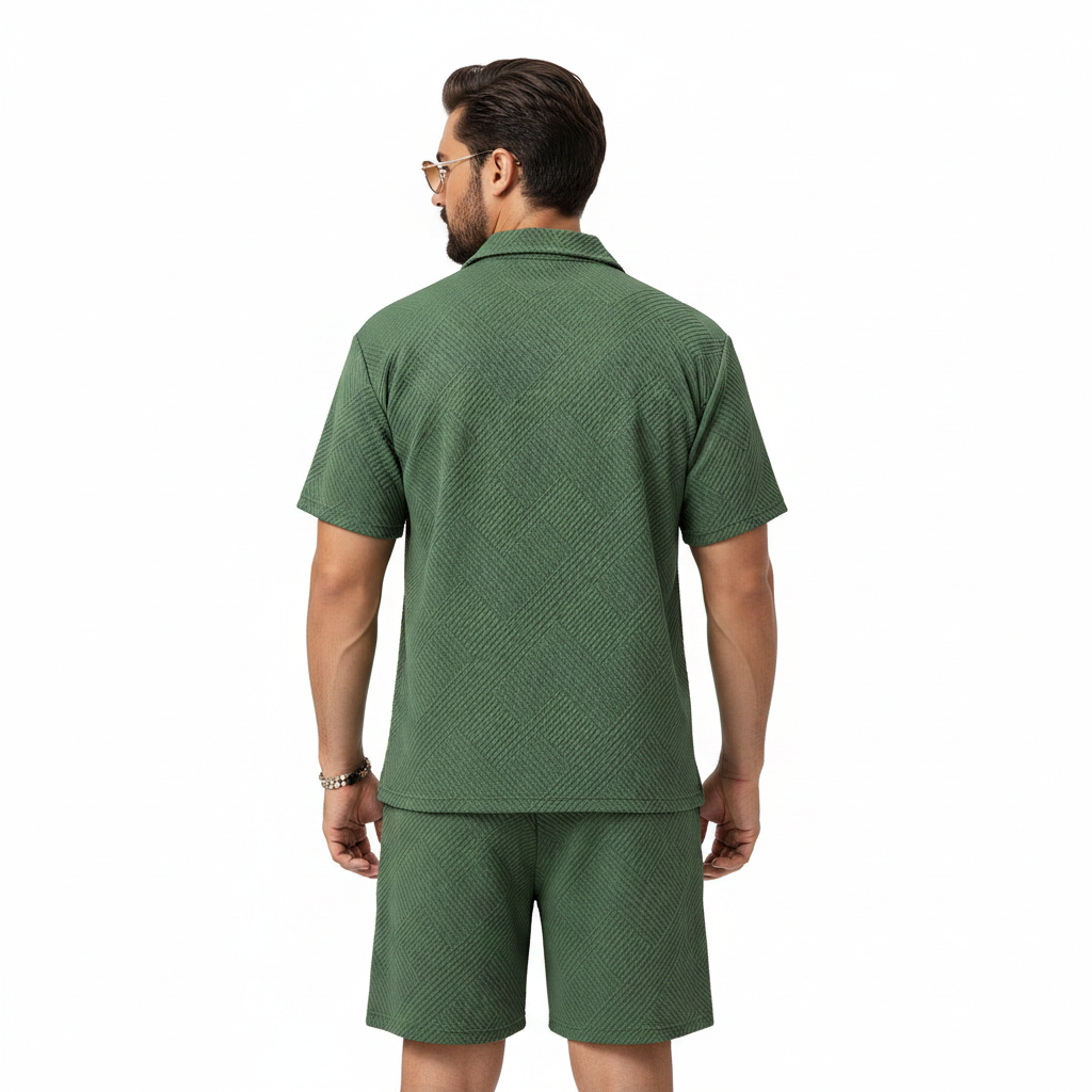 Men's Summer Two Piece Set with Textured Short Sleeve Shirt