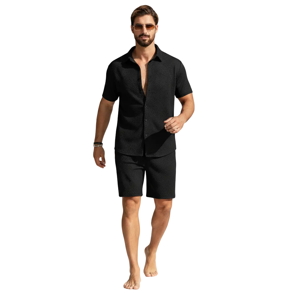Men's Summer Two Piece Set with Textured Short Sleeve Shirt