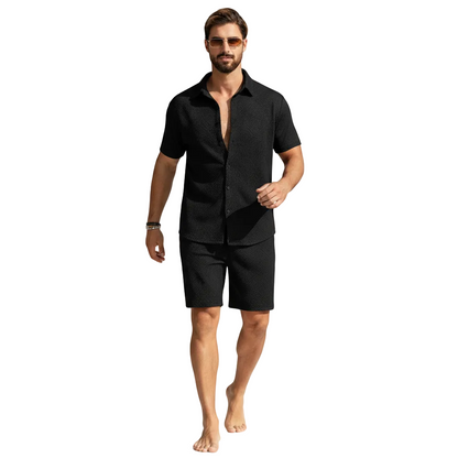 Men's Summer Two Piece Set with Textured Short Sleeve Shirt