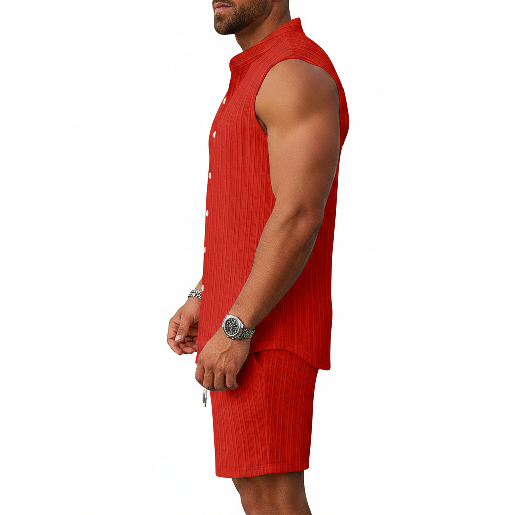 Men's Summer Two Piece Outfit with Sleeveless Button Down Shirt