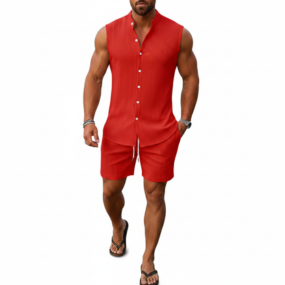 Men's Summer Two Piece Outfit with Sleeveless Button Down Shirt