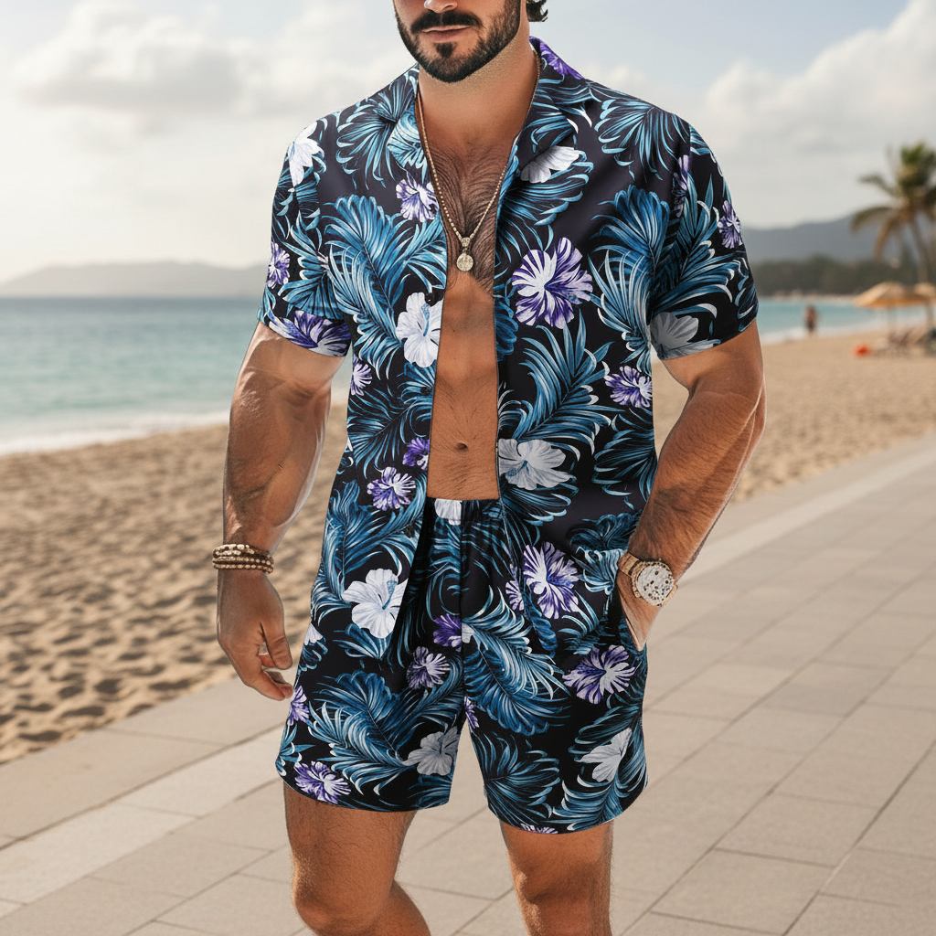 Men's Baroque Print Short Sleeve Button Down Shirt with Drawstring Shorts Set