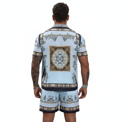 Men's Baroque Print Short Sleeve Button Down Shirt with Drawstring Shorts Set