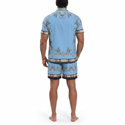 Men's Baroque Print Short Sleeve Button Down Shirt with Drawstring Shorts Set