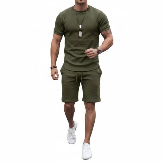 Men's Textured Short Sleeve T-Shirt with Drawstring Shorts Set
