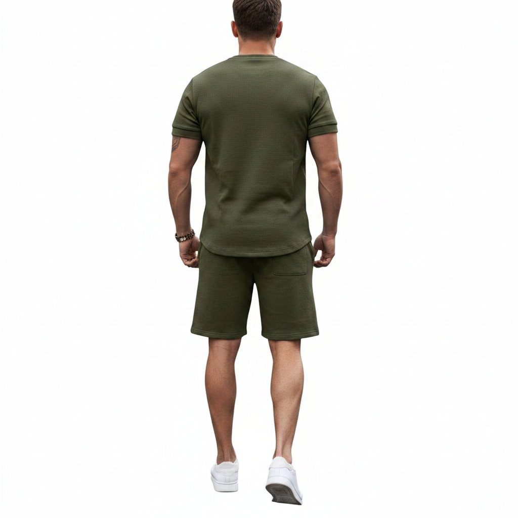 Men's Textured Short Sleeve T-Shirt with Drawstring Shorts Set
