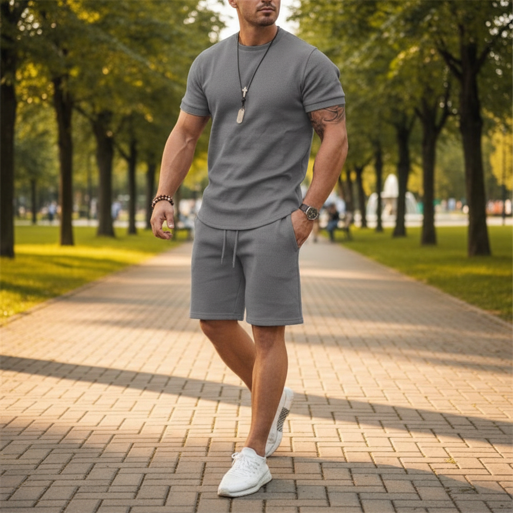 Men's Textured Short Sleeve T-Shirt with Drawstring Shorts Set