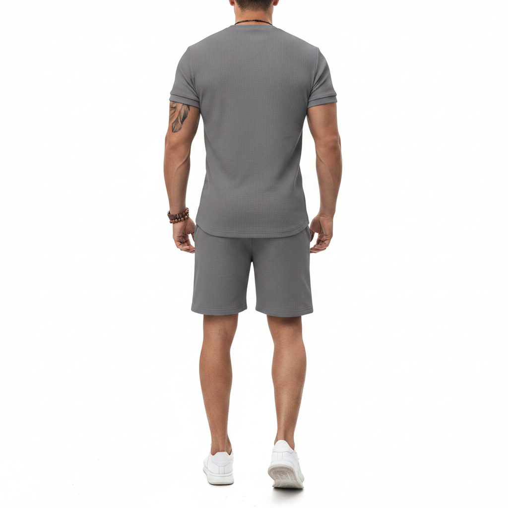Men's Textured Short Sleeve T-Shirt with Drawstring Shorts Set