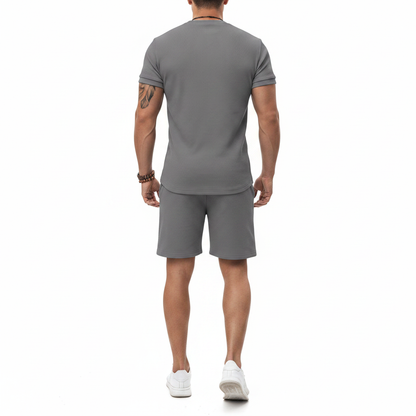 Men's Textured Short Sleeve T-Shirt with Drawstring Shorts Set