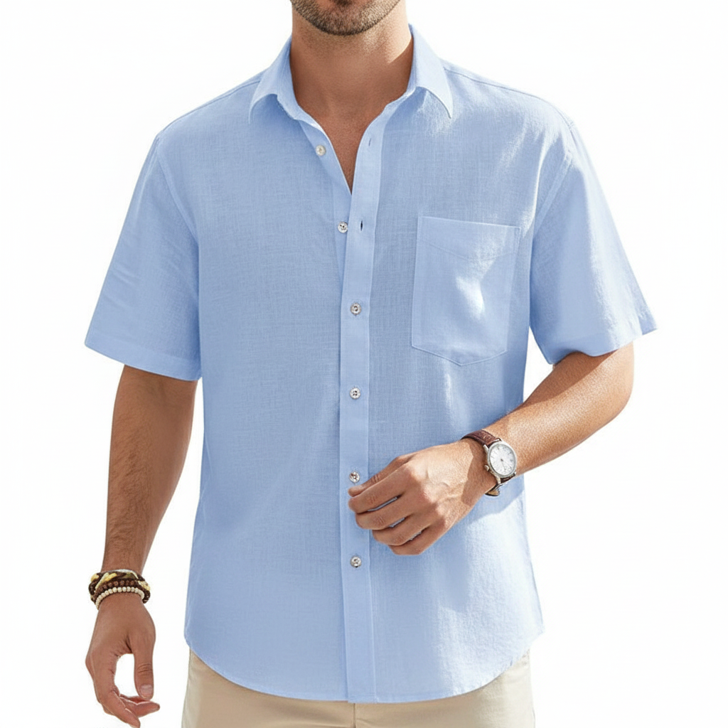 Men's Linen Short Sleeve Button Down Shirt with Chest Pocket