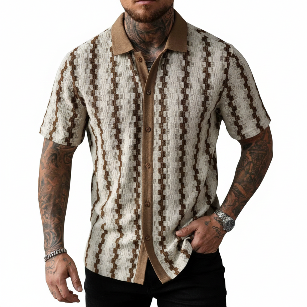 Men's Geometric Stripe Button Down Shirt with Textured Knit Design