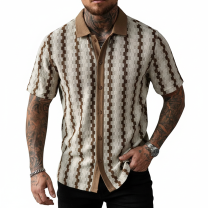 Men's Geometric Stripe Button Down Shirt with Textured Knit Design