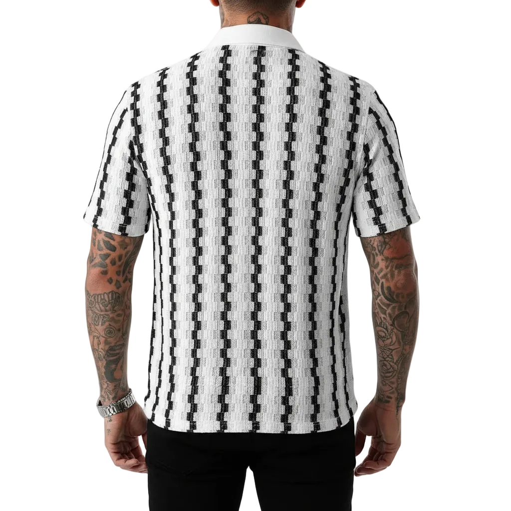 Men's Geometric Stripe Button Down Shirt with Textured Knit Design