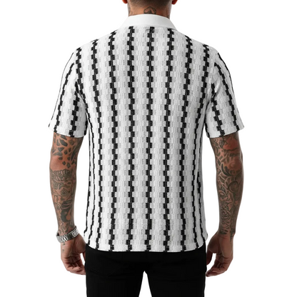 Men's Geometric Stripe Button Down Shirt with Textured Knit Design