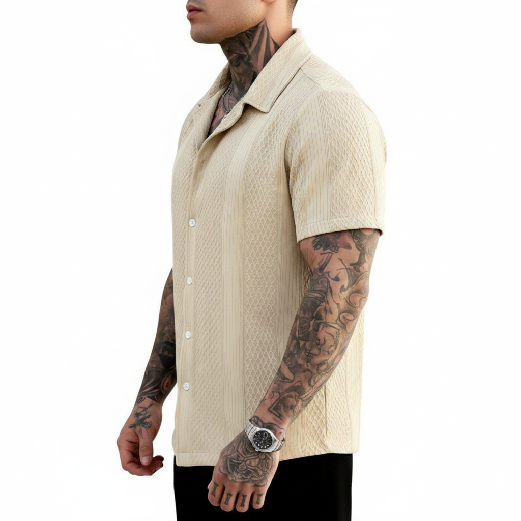 Men's Textured Button Down Shirt with Short Sleeves