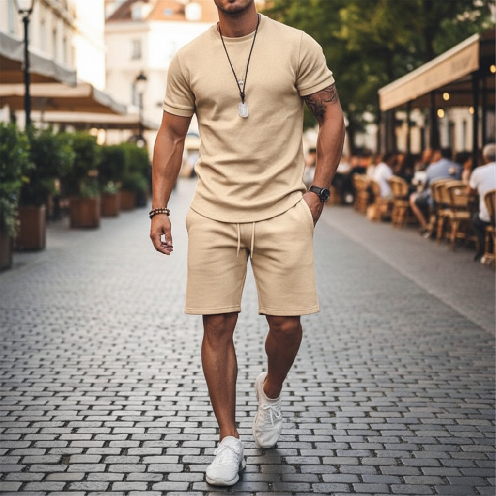 Men's Textured Short Sleeve T-Shirt with Drawstring Shorts Set