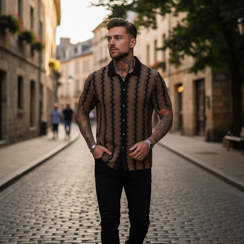 Men's Geometric Stripe Button Down Shirt with Textured Knit Design