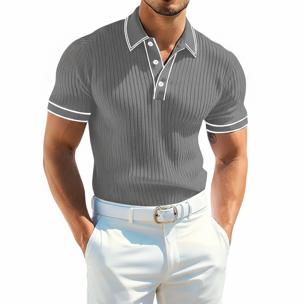 Men's Ribbed Polo Shirt with Short Sleeves for Summer Wear