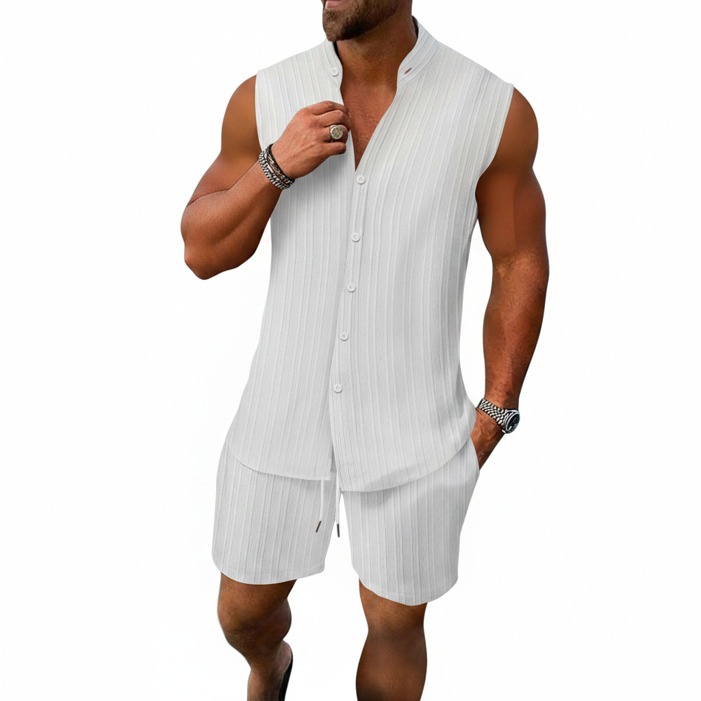 Men's Summer Two Piece Outfit with Sleeveless Button Down Shirt