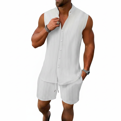 Men's Summer Two Piece Outfit with Sleeveless Button Down Shirt