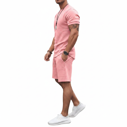 Men's Textured Short Sleeve T-Shirt with Drawstring Shorts Set