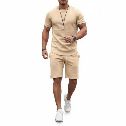 Men's Textured Short Sleeve T-Shirt with Drawstring Shorts Set