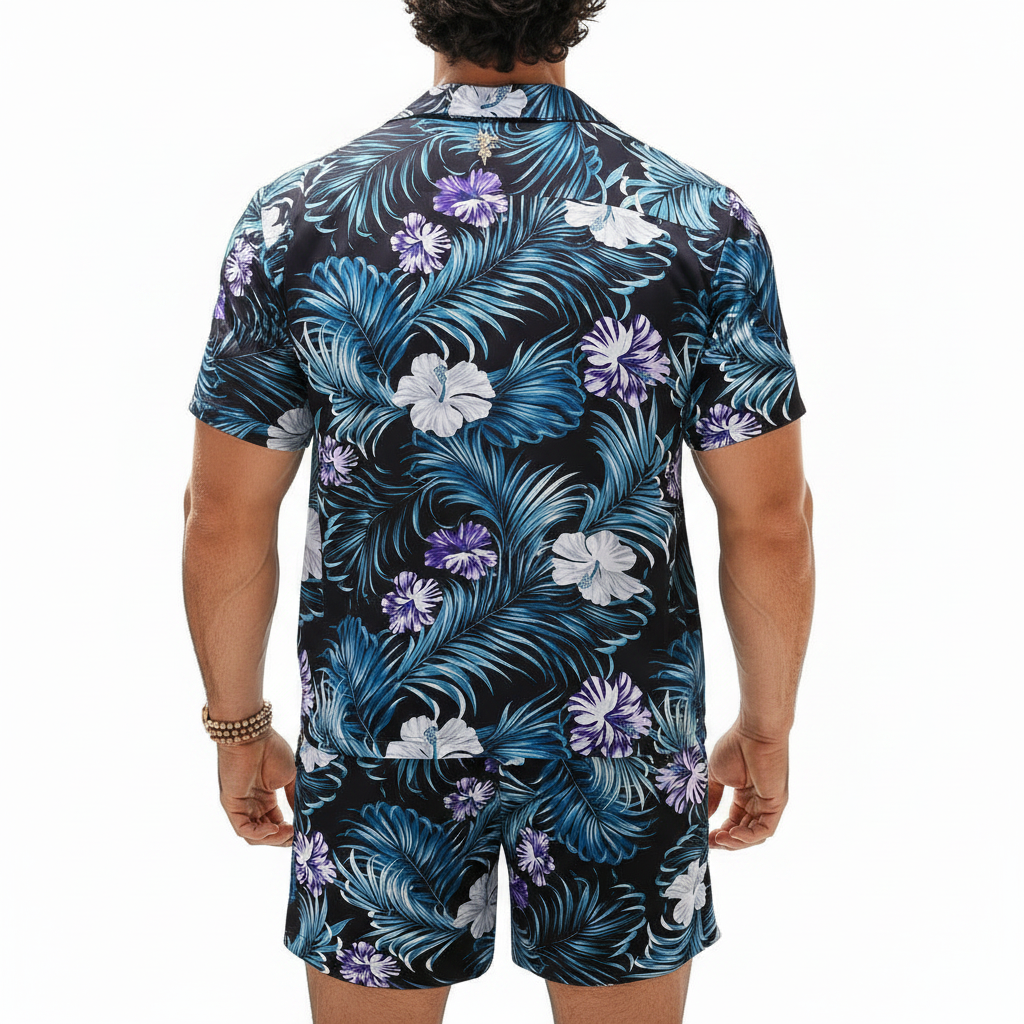 Men's Baroque Print Short Sleeve Button Down Shirt with Drawstring Shorts Set