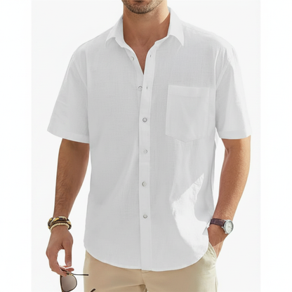 Men's Linen Short Sleeve Button Down Shirt with Chest Pocket