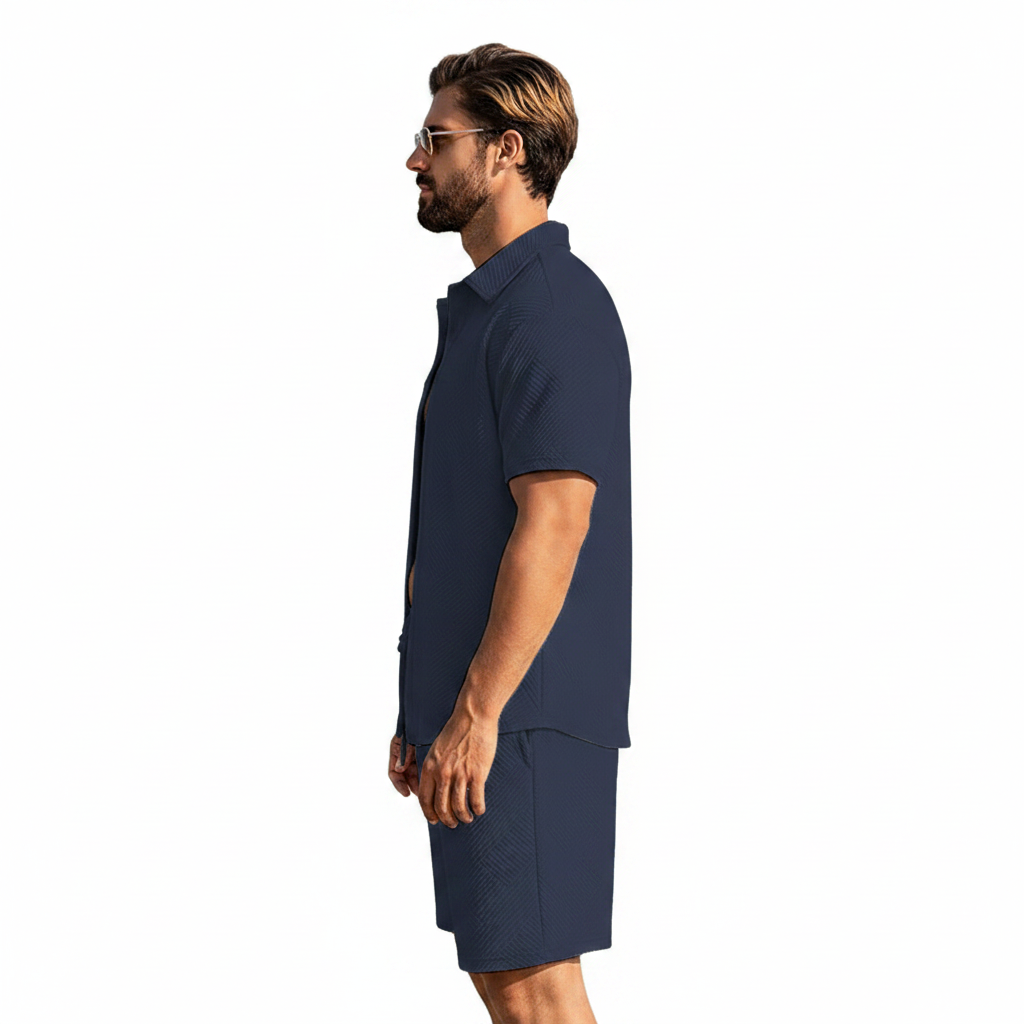 Men's Summer Two Piece Set with Textured Short Sleeve Shirt